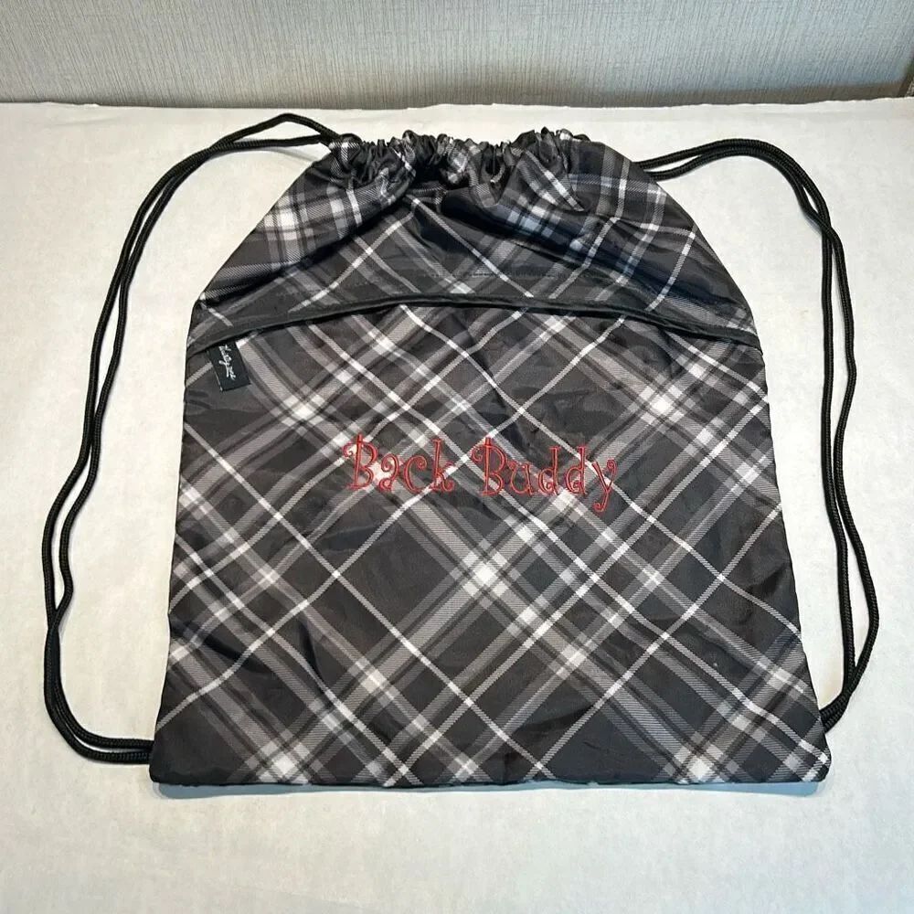 thirty-one Cinch Sack Bag Backpack Black Plaid "Back Buddy" RETIRED Gym School S